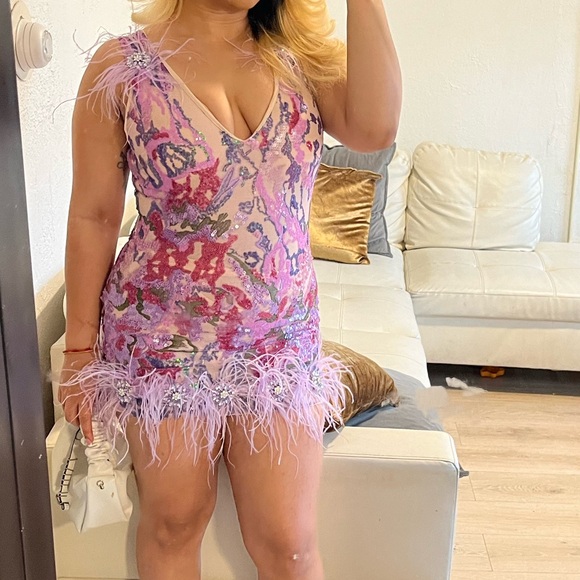 Purple Feather Dress Floral Sequin Dress for Women Embroidery Birthday Dress - Picture 2 of 3